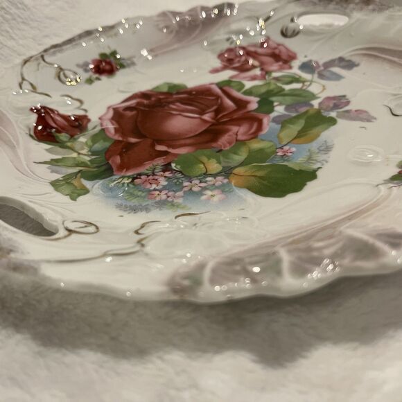 Vintage Antique Plate Platter 10 1/2 inch hand painted Germany roses handles - Picture 6 of 7